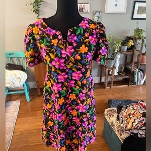 Floral Women's Dress - Black with Pink and Orange Flowers
